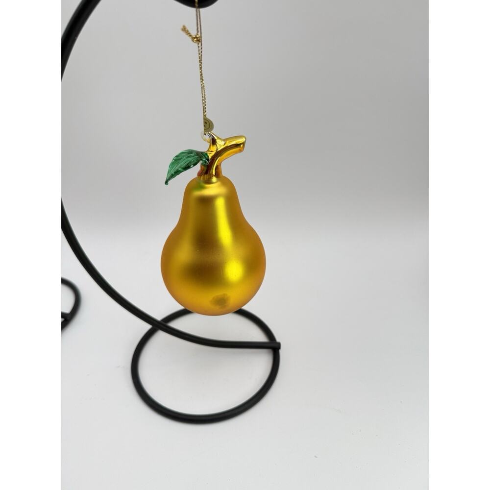 Blown Glass Pear Golden Yellow Christmas Ornament 5" Fruit Decoration Green Leaf
